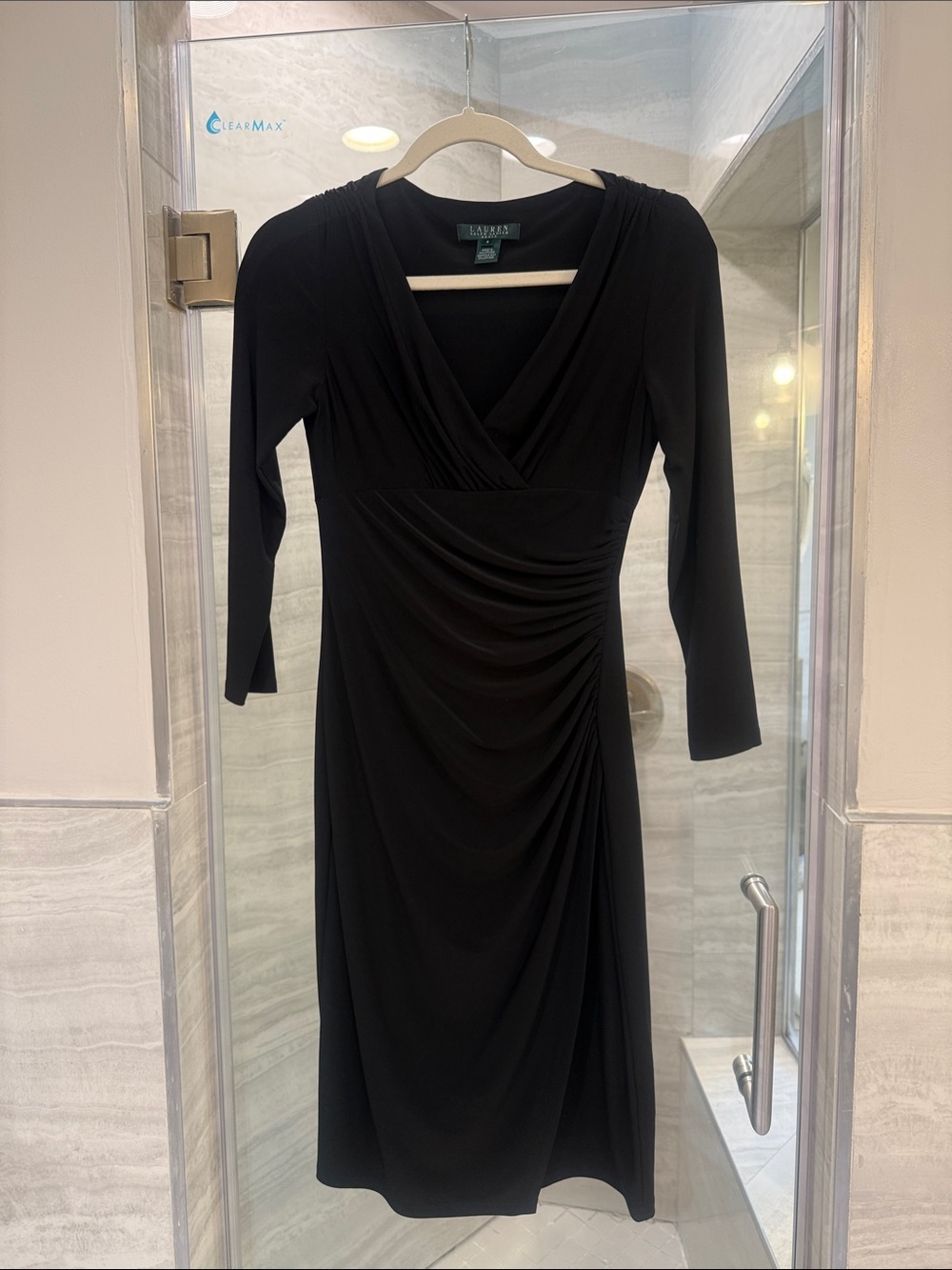 Lauren Ralph Lauren Black Long Sleeve Ruched V-Neck Midi Dress - Picture 3 of 9